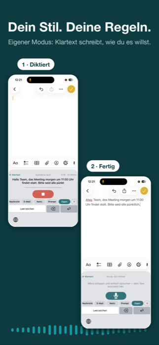 Klartext-Tastatur beim Diktieren: Live-Text erscheint im Panel, danach steht der fertig polierte Text im Feld